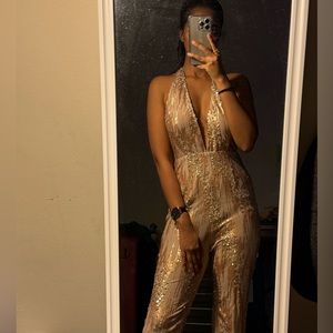 SOLD ❌ Miss circle NYC tan beige sequin backless jumpsuit
